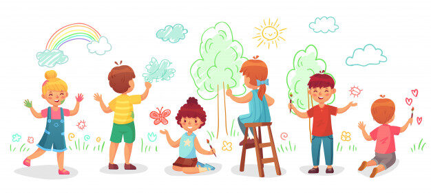 dzieci rysunek na scianie grupa dla dzieci rysuje kolorowe obrazy na scianach dziecko maluje sztuki kreskowki ilustracje 102902 772